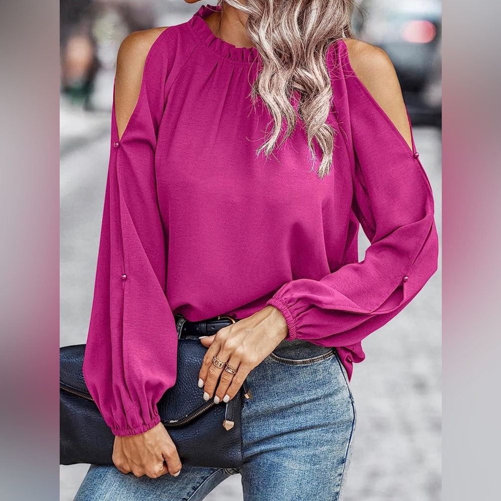 Women’s Open Shoulders Sleeves Blouse Pink Shirt Top
